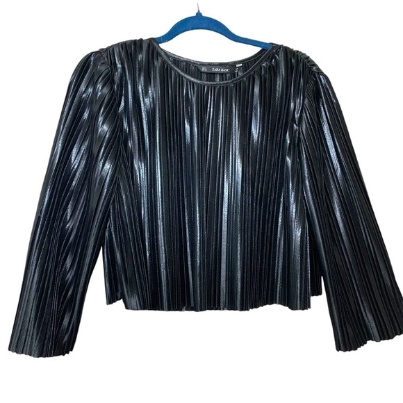 Zara Pleated Crop Top Blouse Shimmery Black Sz S Puff Sleeve Dark Feminine Glam - Picture 6 of 15